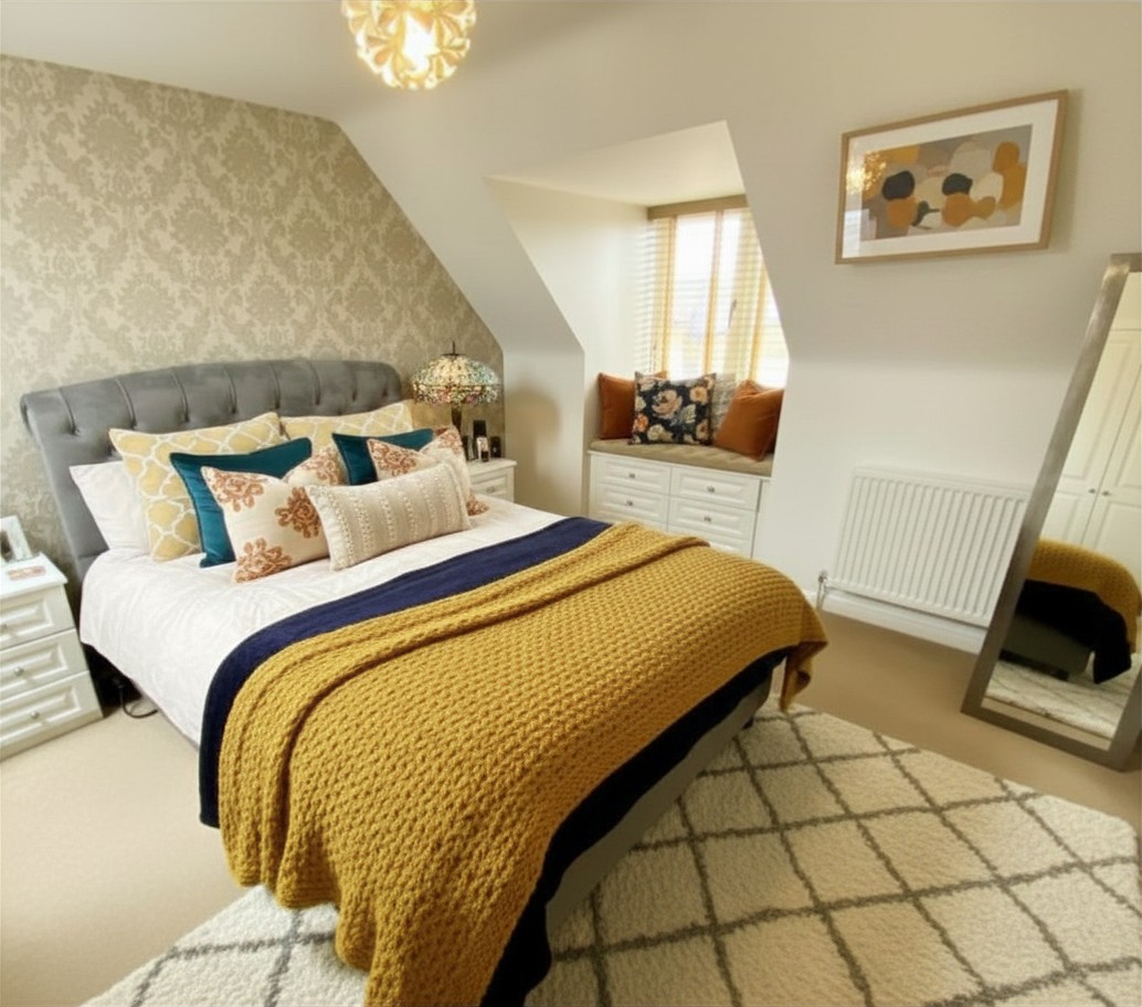 A warm, finished main bedroom with a soft damask feature wall, mustard knit throw and a styled window seat