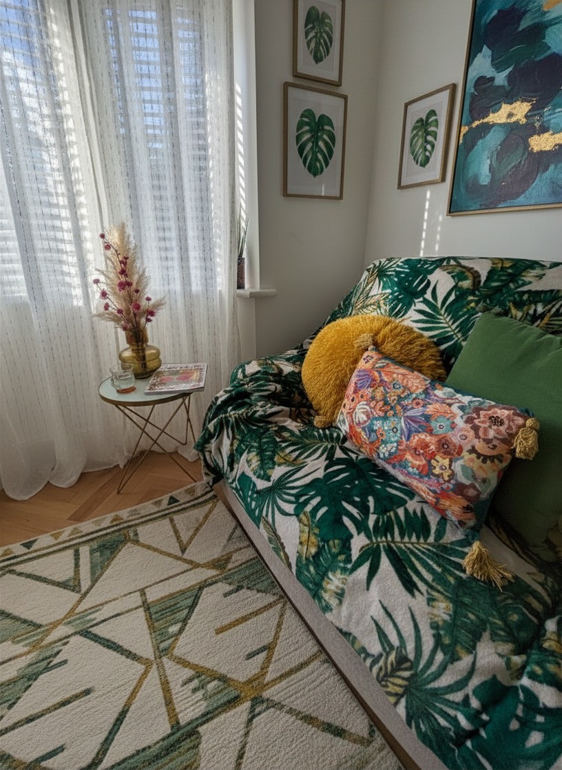 Living room after: a styled bay-window corner with a botanical sofa throw, layered cushions, rug, prints and a side table