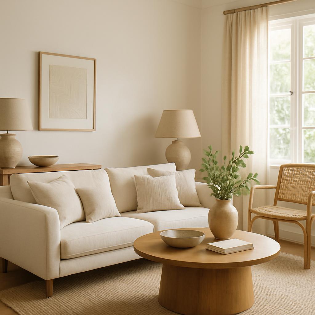 A living room with a couch, coffee table, and window with a beige and neutral color scheme, featuring minimalist decor.