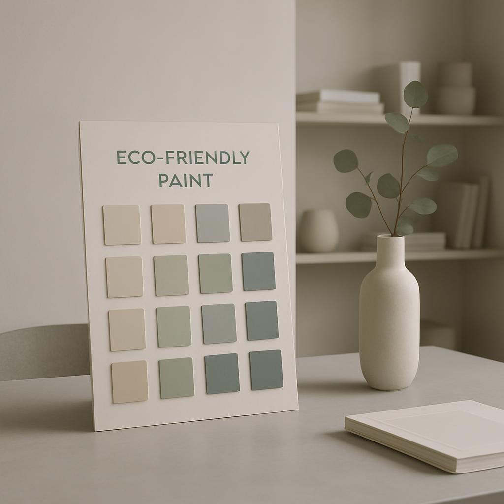 A color palette of various shades of green and white, arranged on a card stand, accompanied by a white vase with a plant a...