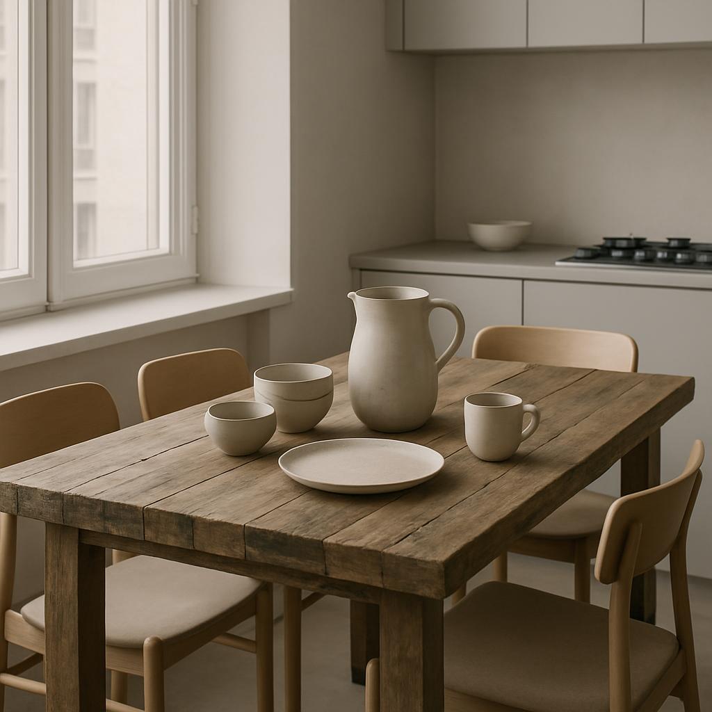 Close-up of an antique-style wooden table with a set of white ceramic tableware, showcased in a minimalist room with a cle...