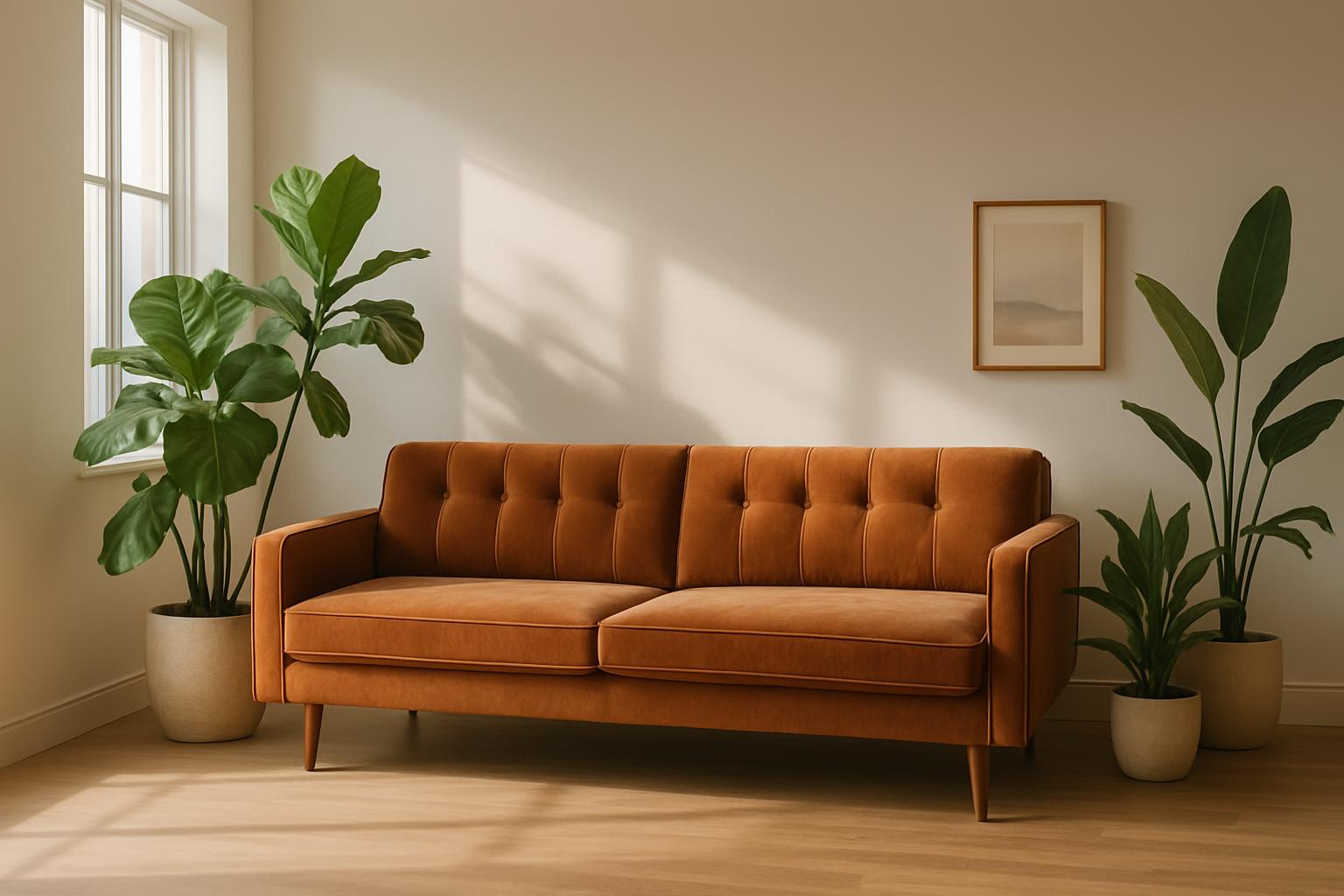A light brown textured mid-century modern style sofa in a jazz-age setting surrounded by plants. Sunlight shines in from t...