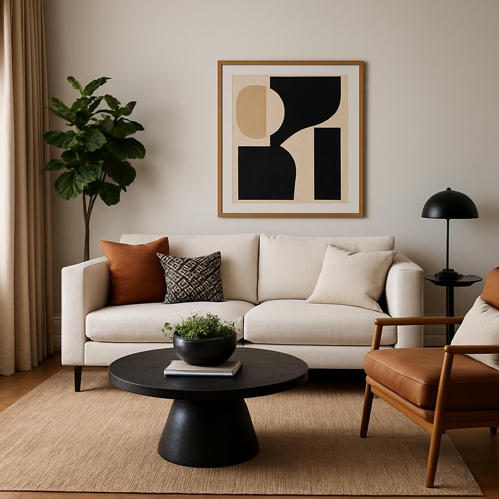 A modern living room with a white couch, a plant in a corner, and a painting above the couch.