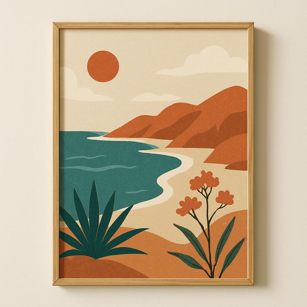 A hand-drawn, illustrated artwork of a landscape featuring a river, mountains, and plants, in a frame. Done in a minimalis...