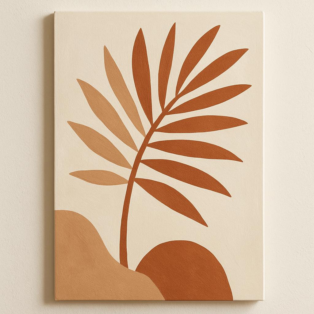 The image depicts a neutral-colored painting of an abstract plant, likely hung on a wall.
