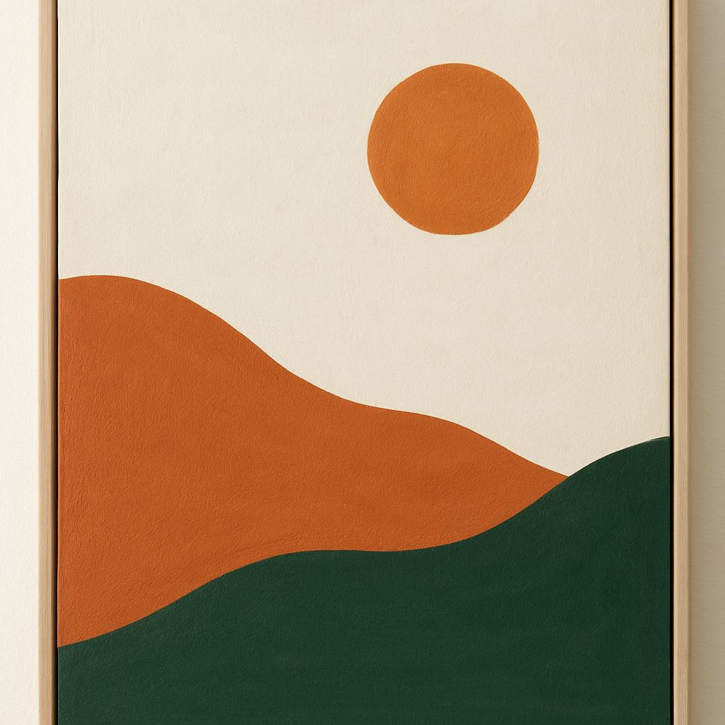 A minimalist desert landscape painting, featuring a simple sun, seamlessly combined with abstract hills and a white sky.