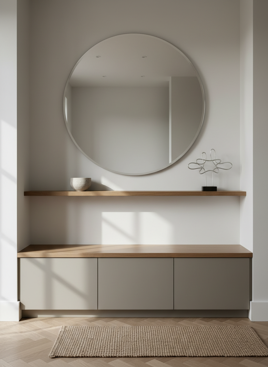 A stylish hallway vignette in a sustainable home, featuring a bespoke built-in bench with a solid oak seat and closed storage below, fronted by smooth, handleless doors in warm greige. Above, a large, frameless round mirror reflects diffuse natural light, while a narrow floating shelf holds a small stoneware bowl and a single, minimal sculpture made from recycled metal. The floor showcases herringbone oak with a matte finish and a small, handwoven runner in natural jute. Gentle daylight streams from an adjacent room, creating subtle reflections in the mirror and soft shadows under the bench. Photographic realism with an eye-level, straight-on composition for a clean, editorial feel. The mood is orderly, refined, and welcoming, perfect for a website section on entryway and hallway transformations.