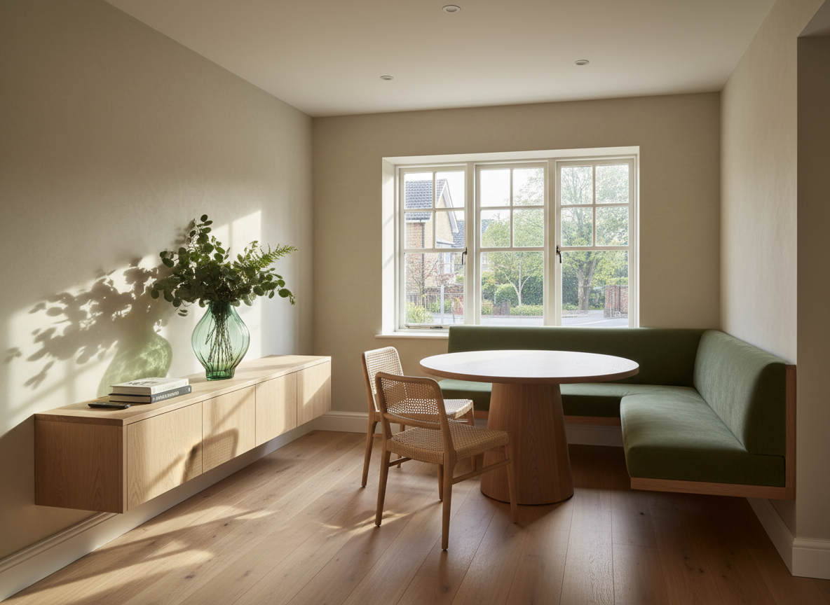 A refined living-dining space in a compact Dudley terrace home, expertly redesigned for sustainable, small-space living. A built-in banquette in soft moss-green upholstery hugs the corner beneath a large window, paired with a round, solid wood pedestal table. Opposite, a slim, wall-hung media console in pale oak floats above the floor, keeping the room feeling light. A single, sculptural recycled-glass vase with greenery sits centrally. Golden hour sunlight filters in, catching the subtle sheen of limewash walls and the grain of the oak floor. Photographic realism from a slightly elevated, wide-angle viewpoint, maintaining crisp detail. The atmosphere is sophisticated yet approachable, showing how eco-conscious design can transform everyday Dudley homes stylishly and practically.