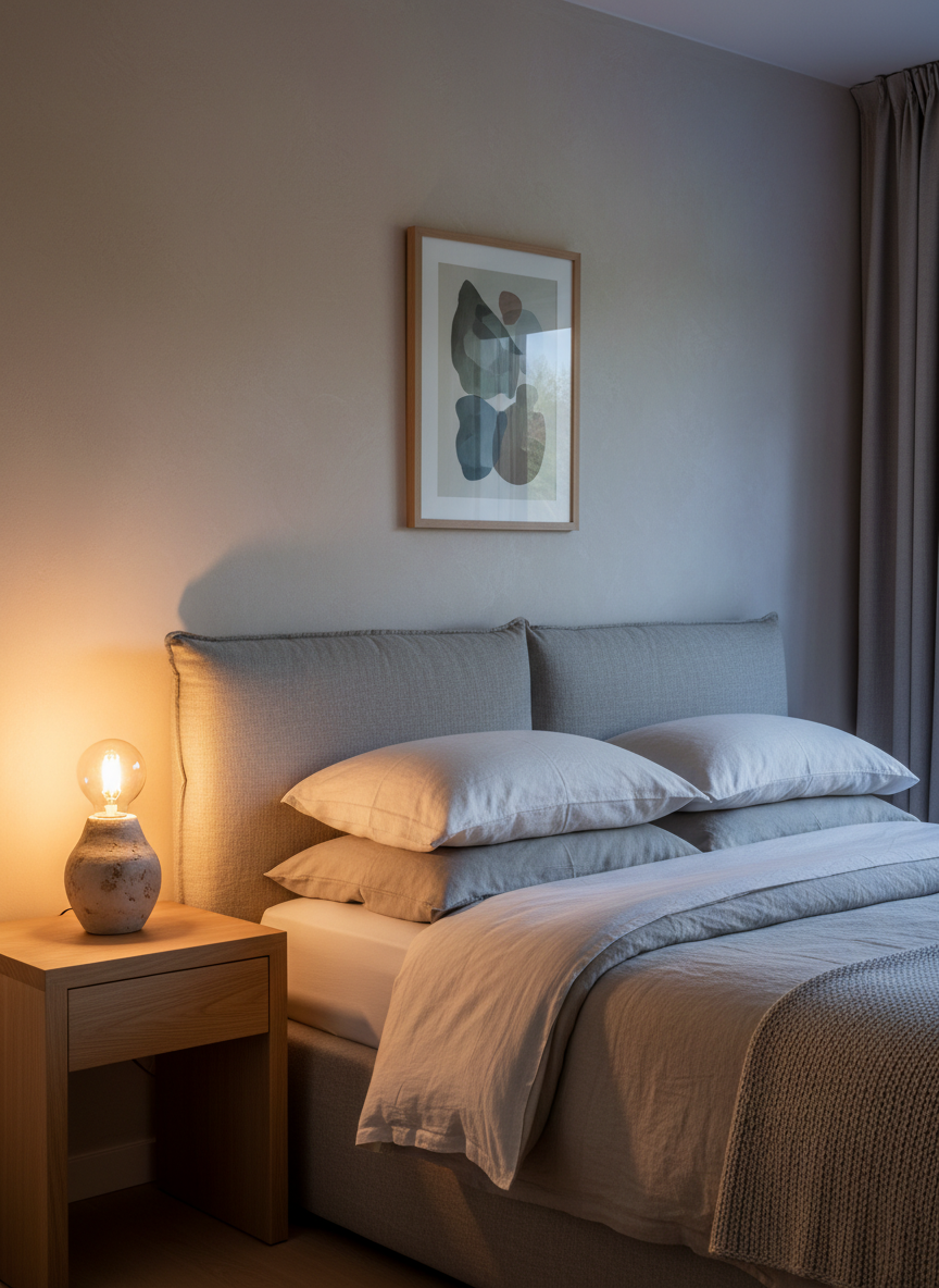 A cosy, sustainable bedroom retreat featuring a low-profile bed with a padded headboard upholstered in textured, undyed linen, dressed in layered organic cotton bedding in soft stone, sand, and warm white. A solid oak bedside table holds a sculptural ceramic lamp with a warm, low-energy bulb casting a gentle, golden pool of light across the wall. The backdrop is a subtly textured limewash wall in warm beige, with a framed abstract artwork printed on recycled paper. Photographic realism with side lighting from both the lamp and faint dusk light seeping through unseen curtains, creating a soft interplay of warm and cool tones. Shot from a slightly elevated corner angle, the composition feels intimate and serene, presenting sophisticated, sustainable comfort perfectly suited to a residential interiors portfolio.