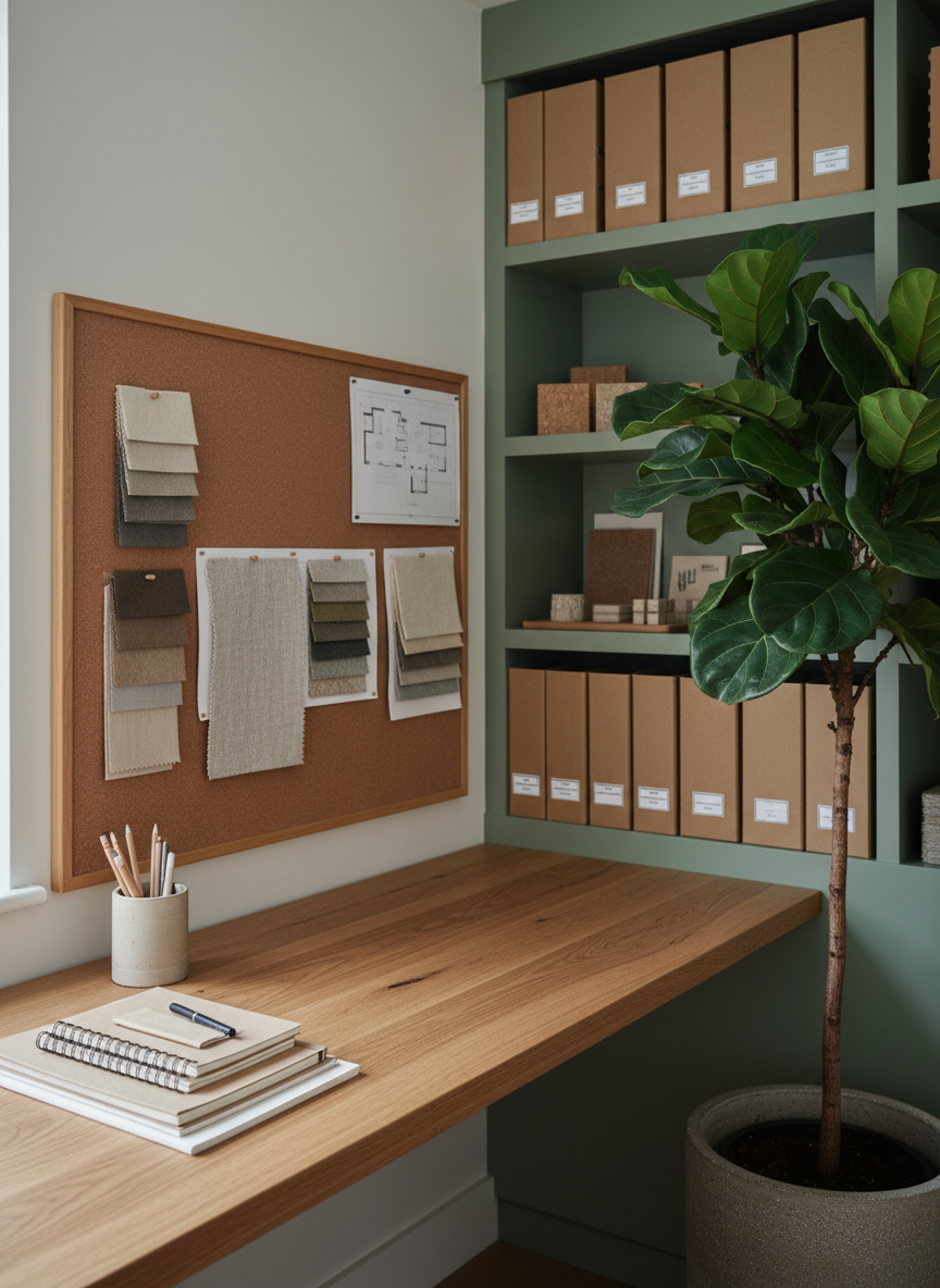 A thoughtfully organized, sustainable home office corner featuring a slender desk made from reclaimed oak, a minimalist cork pinboard with neatly arranged fabric swatches and floor plans, and a set of recycled paper notebooks stacked beside a ceramic pen holder. A large, leafy houseplant in a textured stone pot softens the scene, while built-in shelving in muted sage holds labeled storage boxes and samples of eco-friendly materials. Diffused, overcast daylight filters through an unseen window, creating a soft, even glow without harsh shadows. Photographic realism, framed with rule-of-thirds at eye level, with a shallow depth of field that keeps the desk in sharp focus and the shelving gently blurred. The mood is composed and professional, suggesting a designer’s workspace dedicated to sustainable interiors.