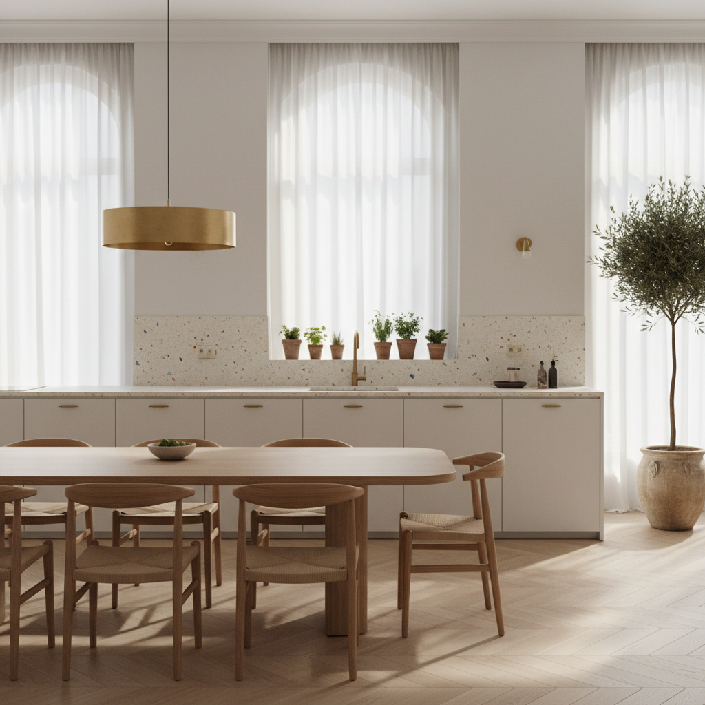 A serene, light-filled open-plan kitchen and dining space showcasing sustainable materials: matte white handleless cabinets, a pale terrazzo countertop with tiny recycled glass flecks, and a large, solid ash dining table with rounded edges. A cluster of potted herbs sits on the windowsill and a single olive tree in a clay pot anchors the corner. Morning daylight streams through tall windows with sheer, off-white linen curtains, creating soft highlights on brushed brass hardware and subtle shadows on the oak floorboards. Photographic realism in a slightly elevated, wide-angle composition, with clear sharpness throughout. The atmosphere is refined, airy, and practical, illustrating stylish yet functional eco-friendly design ideal for a portfolio section on sustainable kitchen transformations.