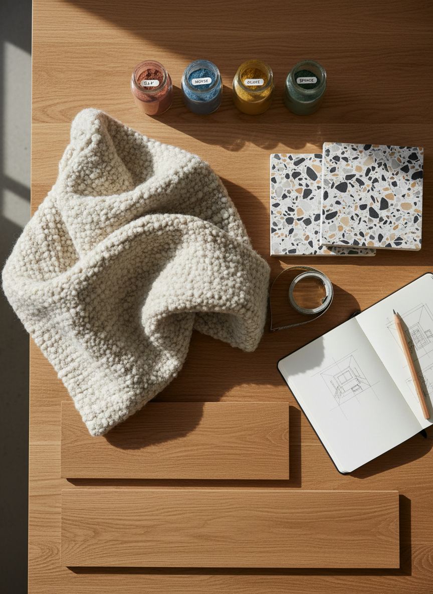 A detailed close-up of sustainable material samples carefully arranged on a smooth oak design table: large pieces of natural wool boucle upholstery in warm neutrals, recycled terrazzo tiles with specks of charcoal and sand, FSC-certified oak flooring planks, and small labeled jars of eco-conscious paint pigments in soft, earthy hues. A tape measure, wooden-handled pencil, and an open notebook with hand-drawn layout lines complete the scene. Soft, indirect daylight from a nearby window creates delicate shadows and highlights the textures of each material. Photographic realism captured from a top-down, flat-lay perspective with sharp focus across the frame. The mood is thoughtful and curated, communicating the behind-the-scenes process of designing stylish, sustainable interiors for discerning clients.