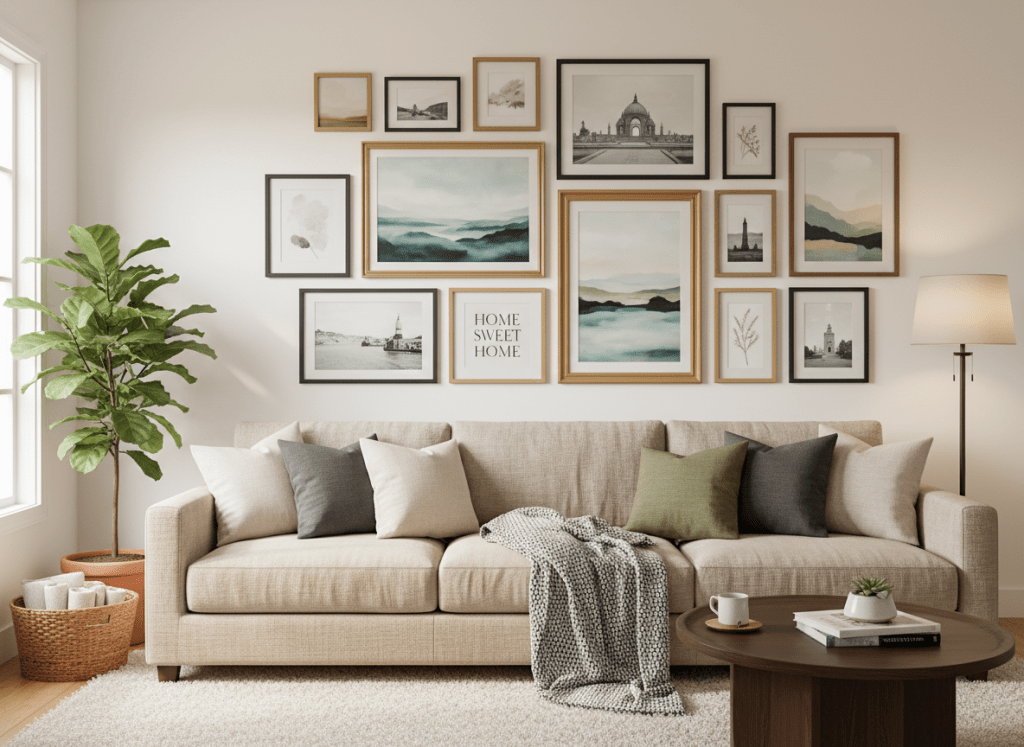 cozy living room gallery wall with a mix of black, oak, and gold frames arranged above a neutral sofa
