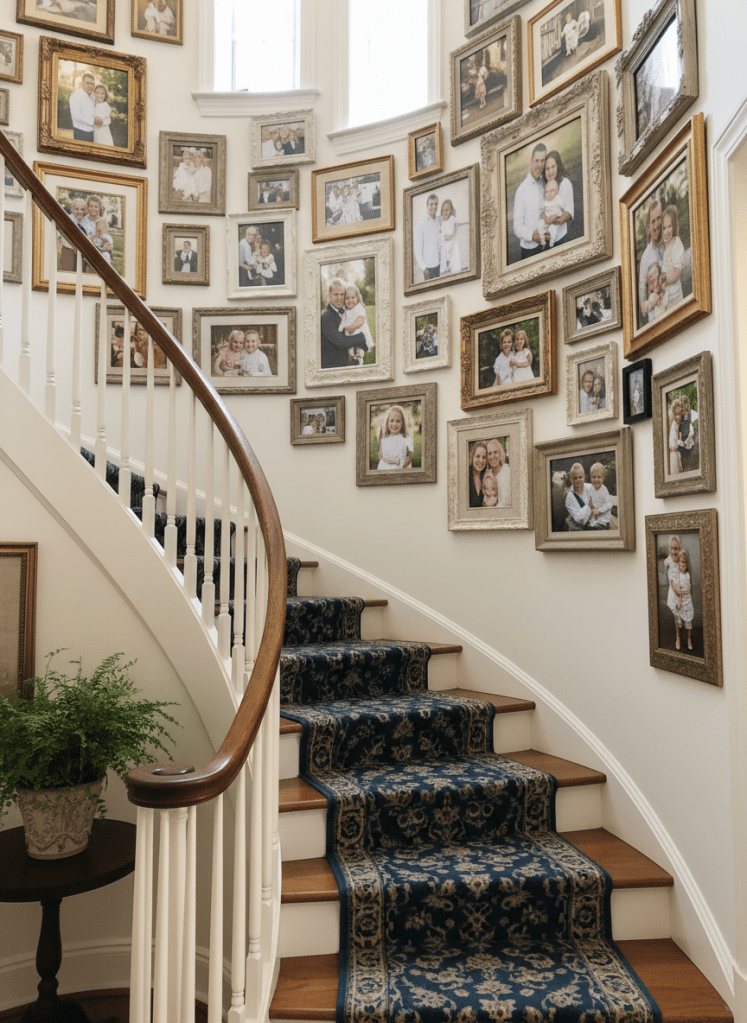 stairway gallery wall featuring family photos in mismatched frames along a white wall