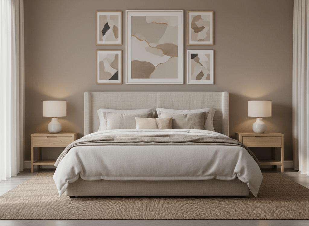 bedroom gallery wall with calming abstract art in soft neutral tones above a linen headboard